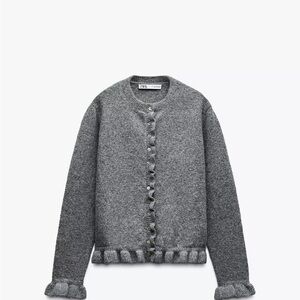 Zara Dark Grey Ruffle-Trim Button Cardigan